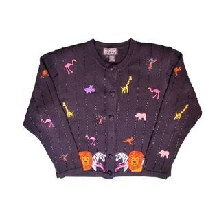 BEREK Beaded Zoo Animals Applique Cardigan Sweater Size L